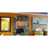 Two large block board impressionist prints together with a wall mirror Condition reports provided on