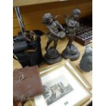 Pair of spelter figures, two cased sets of binoculars, pair of prints ETC Condition reports provided