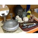 Buddha's head, carved soapstone and wooden figures, pewter bowl and brass trivet ETC Condition