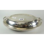 Silver oval entree dish, the lid with two handles, Sheffield hallmarks, maker Walker & Hall, 33 troy