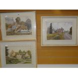 GWYN RICHARDS trio of framed watercolours - village scenes, entitled verso 'St Fagans', 1981, '