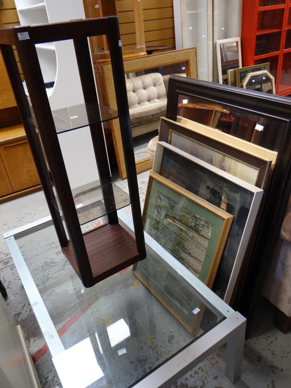 A chrome and glass Long John coffee table, a modern mirror, sundry prints & a modern pedestal