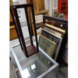 A chrome and glass Long John coffee table, a modern mirror, sundry prints & a modern pedestal