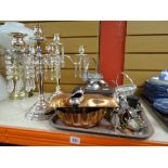 Tray of various metalware including EPNS, copper moulds, glass drop decorated candelabra Condition