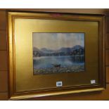 Early twentieth century framed watercolour of a rowing boat with mountain scenery in foreground,