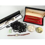 A cased pair of modern quality Sheaffer pens, two compacts, four modern ladies wristwatches, jade