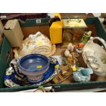 Box of mixed china including Carltonware tazza, modern brass effect mantel clock, Maling ware bowl