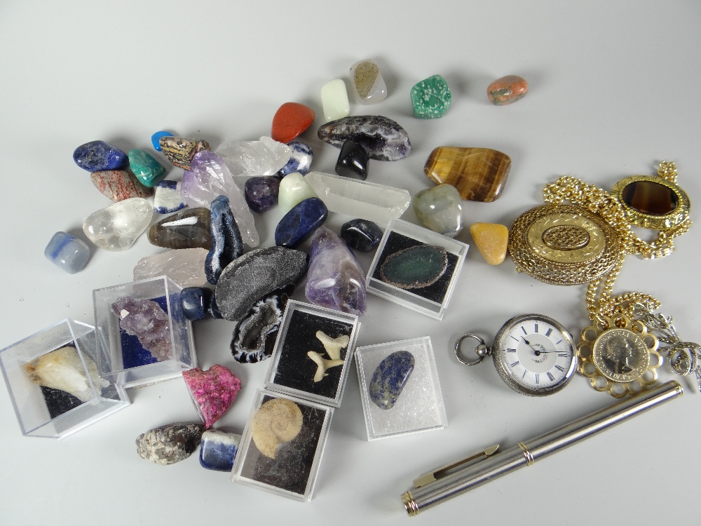 A blue plastic box containing mineral specimens, a ladies silver encased fob watch, fountain pen ETC