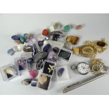 A blue plastic box containing mineral specimens, a ladies silver encased fob watch, fountain pen ETC