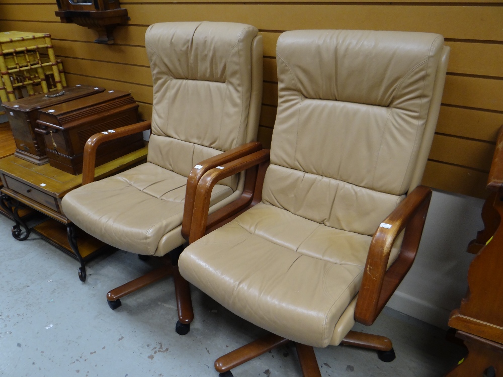 Two square topped tables, a nest of three bamboo effect tables and a pair of swivel leather office