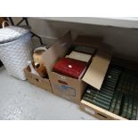Modern white painted wicker clothes basket, box of mixed china and two boxes of books Condition