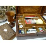 A small wooden sewing box and contents, small carved topped box, treen goblet Condition reports