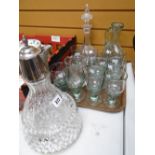 A good EPNS topped heavy glass claret jug, cut glass fruit bowl, decanter ETC Condition reports