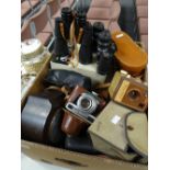 A box of various vintage cameras including Carl Zeiss Werra and others, three pairs of binoculars