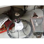 A pair of vintage copper exterior wall mounting lanterns (electrically wired) together with a