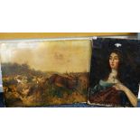 Two late nineteenth century unframed oils on canvas (distressed) - hounds chasing a stag and
