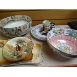 Royal Doulton Dickens ware bowl, Mr McCawber and Sairey Gamp plates, Maling bowl ETC Condition