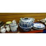Two trays of various china including large blue and white decorated bowl, retro Gaydon Melmex
