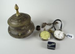Two silver pocket watches together with a thimble & Cairo-ware metal pot Condition reports