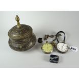 Two silver pocket watches together with a thimble & Cairo-ware metal pot Condition reports