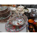 A modern Famille Rose-type part-dinner set and a quantity of earlier Staffordshire tableware, an