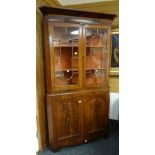 Antique mahogany astragal glazed top standing corner cupboard with two-door cupboard base