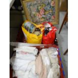 Parcel of various linen and sewing related items together with a framed cross stitch panel Condition