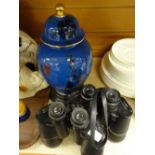 Two pairs of vintage binoculars, Boots and Halina make together with a ceramic decorated ginger