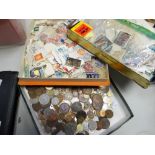 An old chocolate box and tin of stamps, quantity of loose mixed coinage, cased vintage drawing