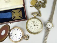 Bag containing two brass encased vintage pocket-watches, a modern wristwatch and a cased Queen