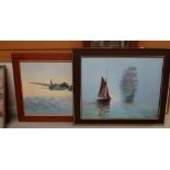 Two modern prints on board, de Havilland mosquito and masted sailing ship Condition reports provided