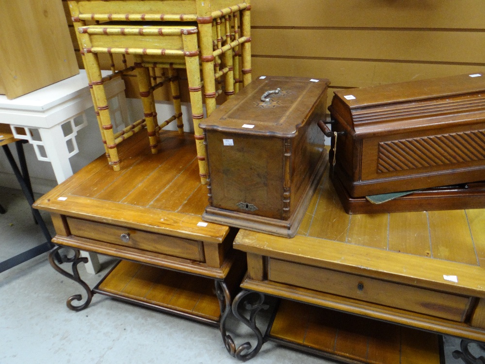 Two square topped tables, a nest of three bamboo effect tables and a pair of swivel leather office - Image 2 of 2