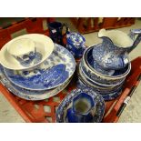 Crate containing various patterned blue & white china including planters, bowls ETC Condition