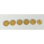 Five gold full sovereigns for 1874, 1891, 1891, 1898,1899 and a half gold sovereign for 1914