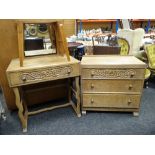 A good mid-century three-piece Heathland lightwood bedroom suite with carved decoration and