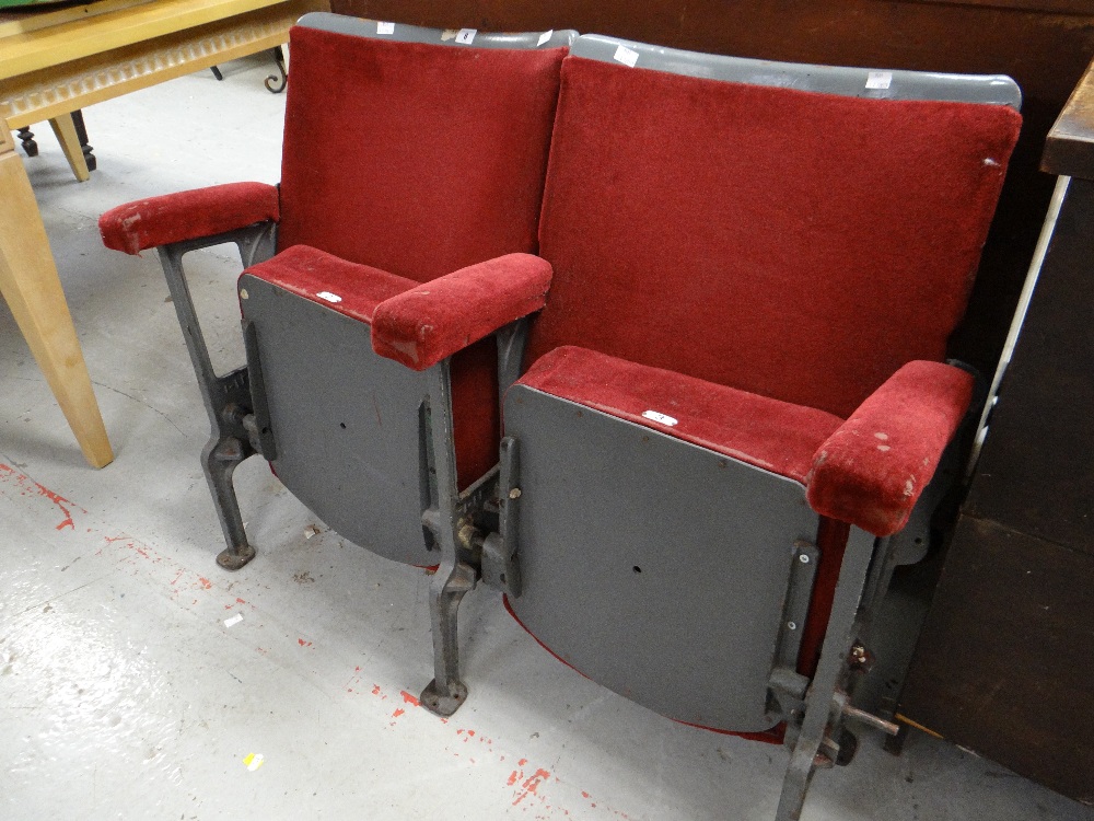 A pair of vintage numbered red upholstered folding cinema-seats removed from a South Wales cinema - Image 2 of 2