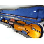 A vintage cased violin and bow (no label visible) Condition reports provided on request by email for