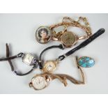 Four gold / yellow metal encased vintage ladies wristwatches, a white metal similar, a portrait