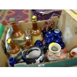 Boxed of mixed china including Wade Bells Scotch Whisky bottles, collector's plates, Staffordshire