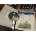 Victorian brass clasp photograph album, a vintage ladies watch and a silver backed mirror (mirror
