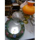 Probably Venetian glass decorated oval mirror, vintage ceiling light shade, two decorative table