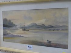 J W STEADMAN watercolour - Conwy river scene opposite Deganwy with moored boats, signed, 17 x 38