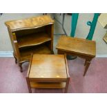 Reproduction walnut effect serpentine topped open two shelf bookcase, teak coffee table and an