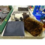 Faux fur muff, three vintage animal skin bags and one other