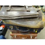 Three vintage suitcases and two attache cases