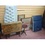 Vintage drop leaf table, small tripod wine table, upholstered headboard, mirror and one other and