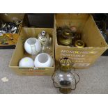Quantity of vintage lamps, globular shades and funnels