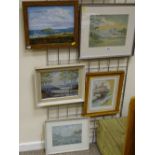 Watercolour - river scene, initialled 'H R' and four other miscellaneous works