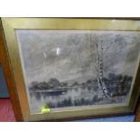 W MEREDITH large oak framed print - man in a boat with silver birch trees to the foreground