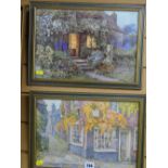 Pair of coloured prints - cottage scene with figure in lit room and street scene with figure